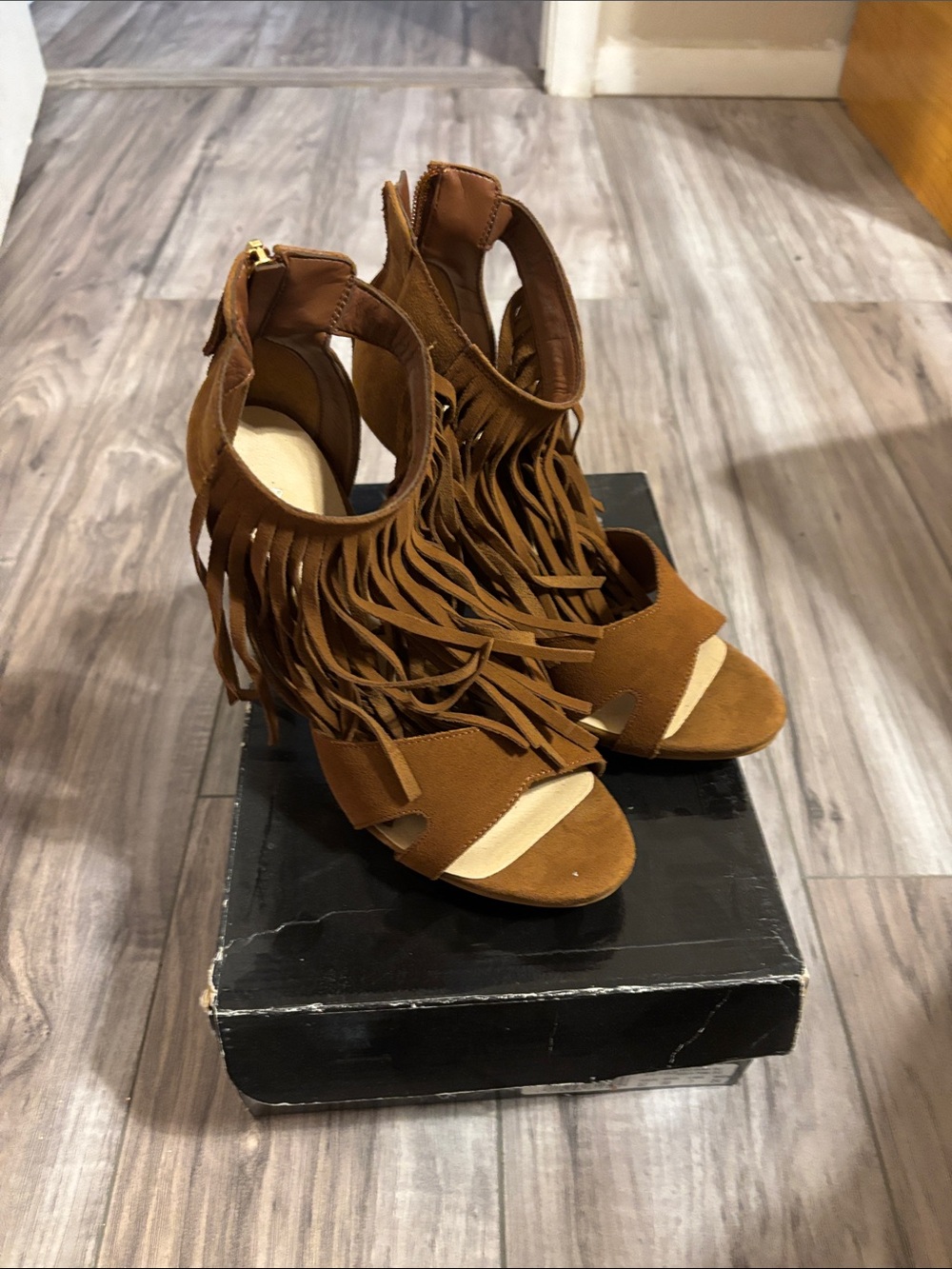 ANDREA FENZI Tan Suede Fringe High Heel Sandals